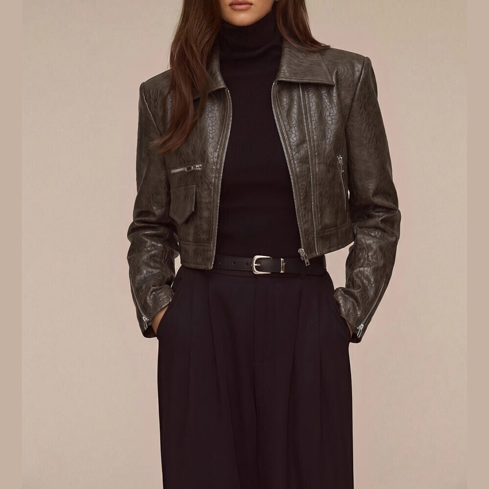 Espresso Brown Crackled Faux Leather Cropped Moto Jacket